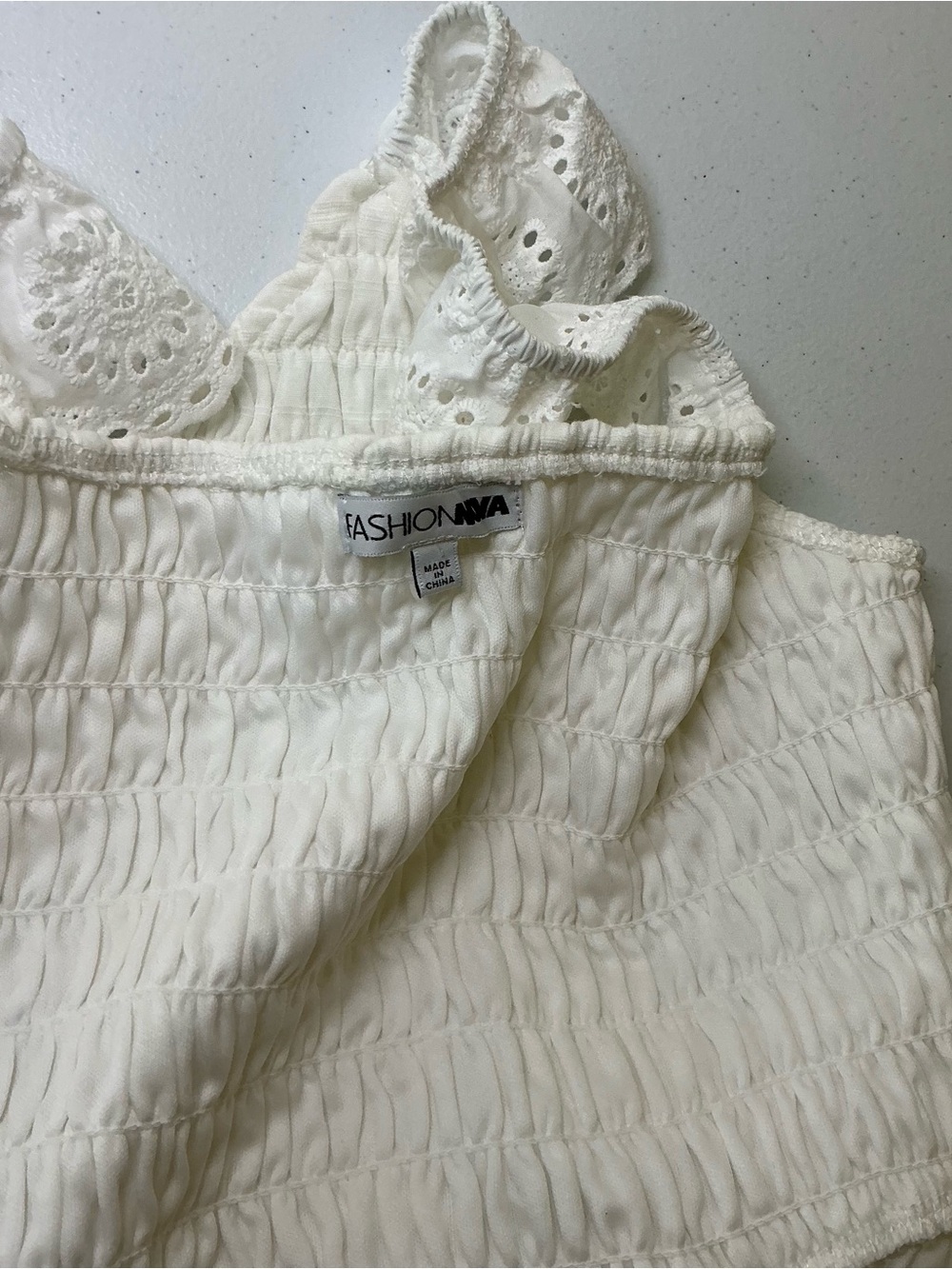 Fashion Nova White Eyelet Flutter Sleeve Smocked Peplum Top Boho Cottagecore - Picture 5 of 5
